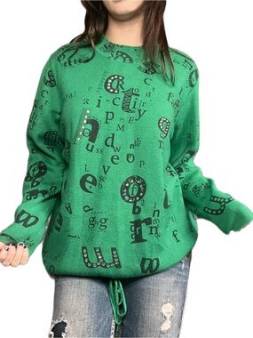 Tricotto Emerald Green Rhinestone Letter Print Sweater – Size L – Like New